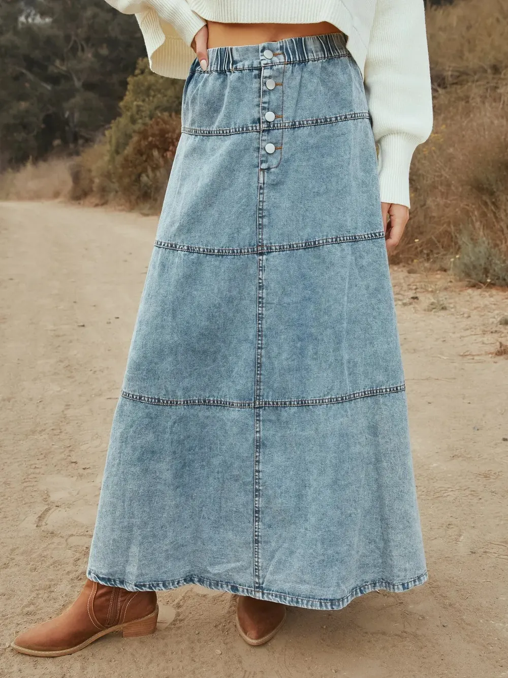 Tiered Maxi Button-Front Denim Skirt in Snow