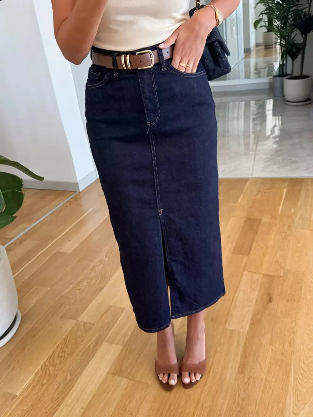 Dark Blue Denim Skirt with Front Slit and Buttons
