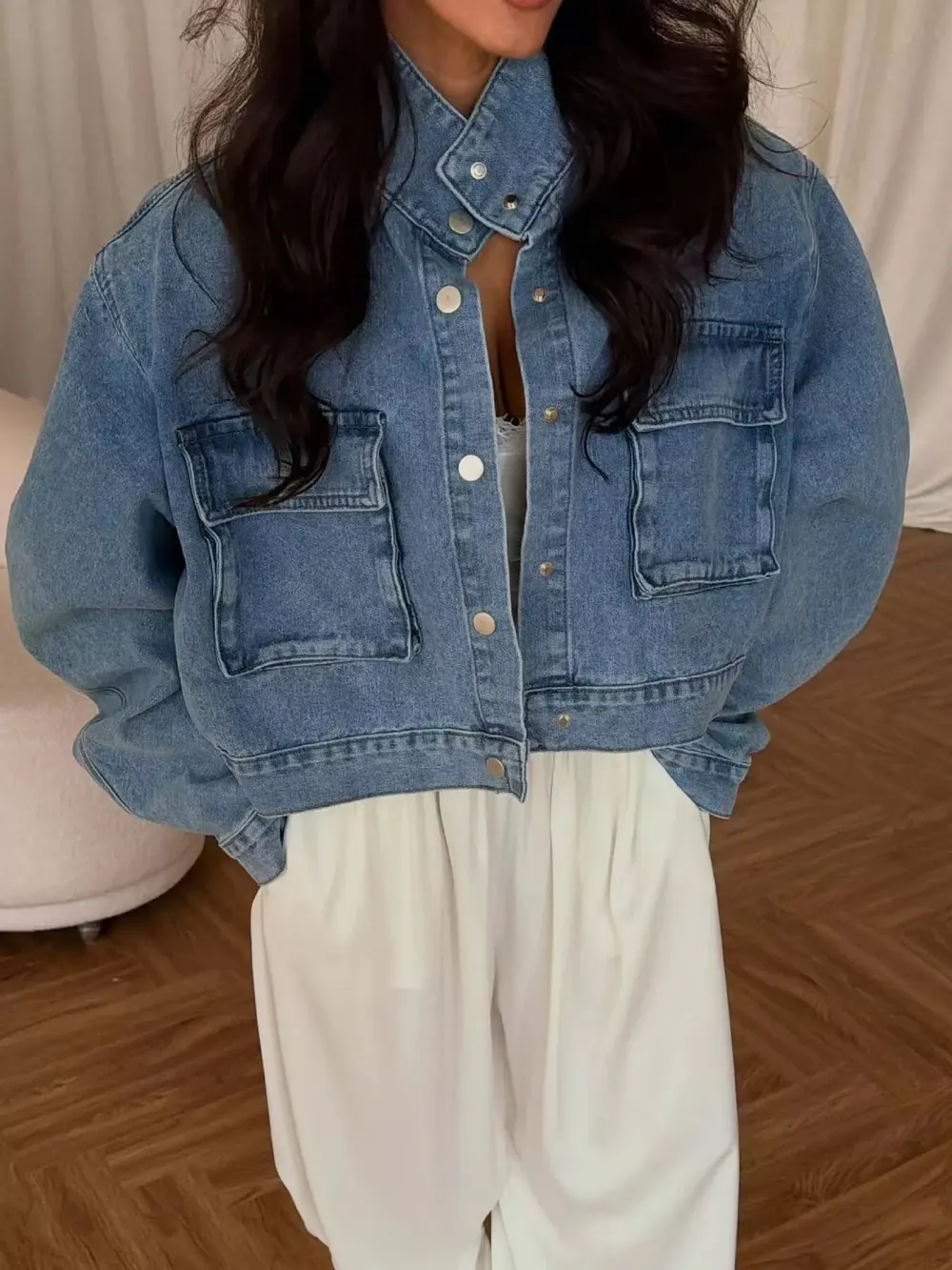 Oversized Cropped Utility Denim Jacket