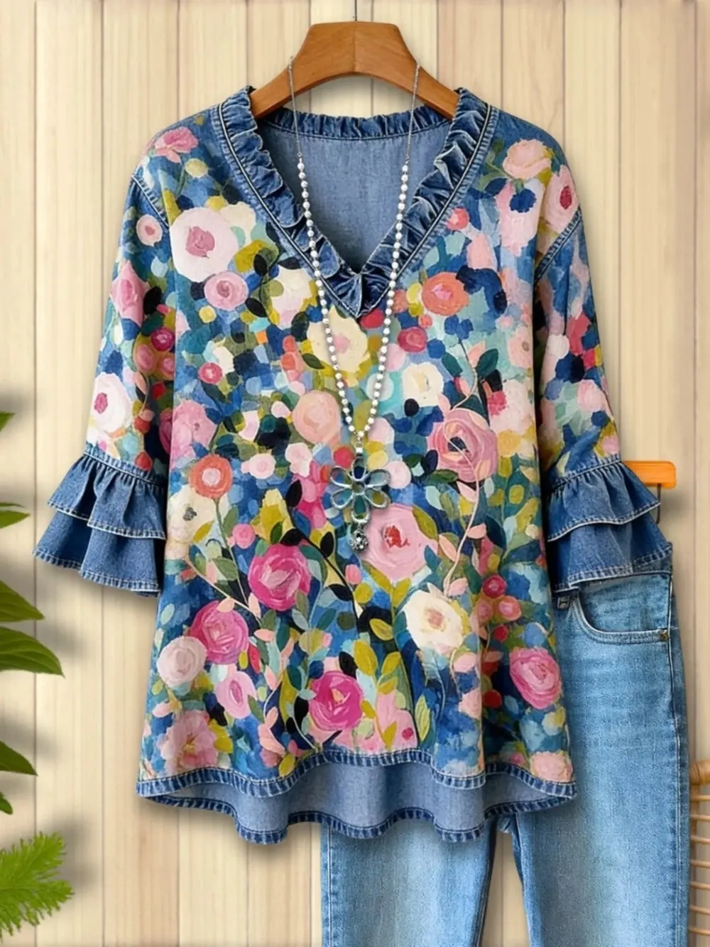 Plus-Size Floral Ruffle-Trim Denim Top