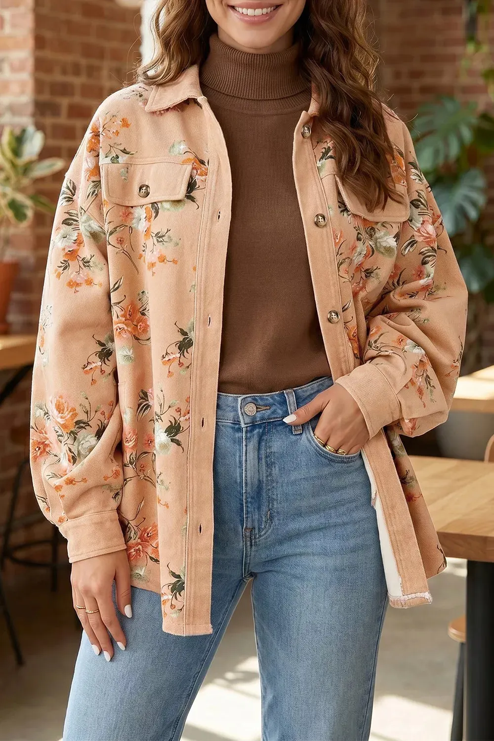 Tan Floral Print Cotton Denim Jacket