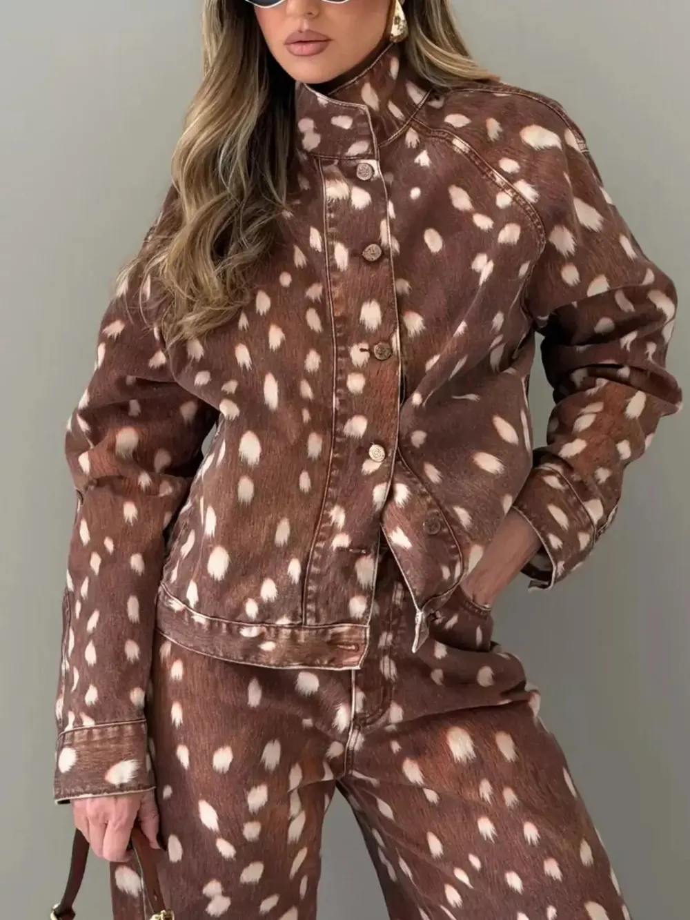 Dark Brown Fawn Print Button-Down Denim Jacket
