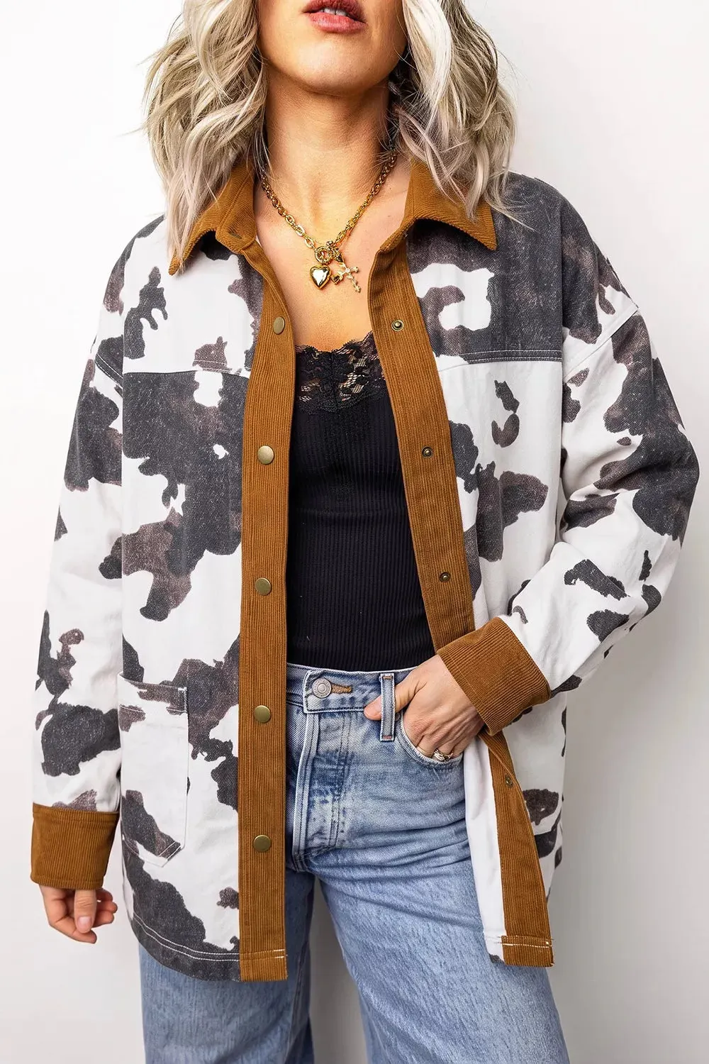Dark Gray Western Cow Print Button-Up Denim Jacket