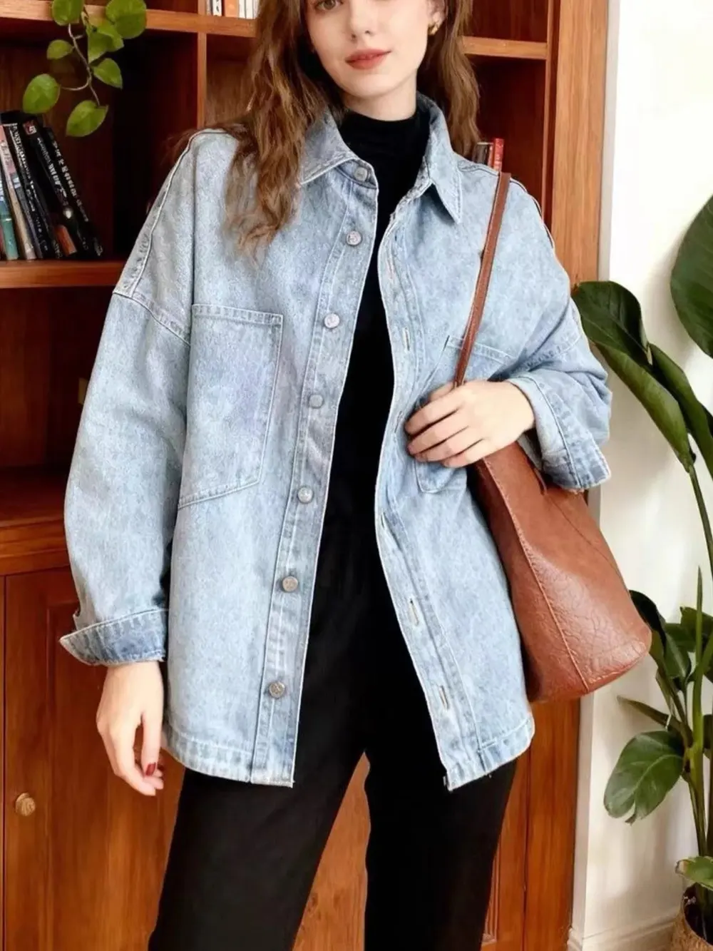 Relaxed Fit Button-Down Dropped Shoulder Denim Jacket