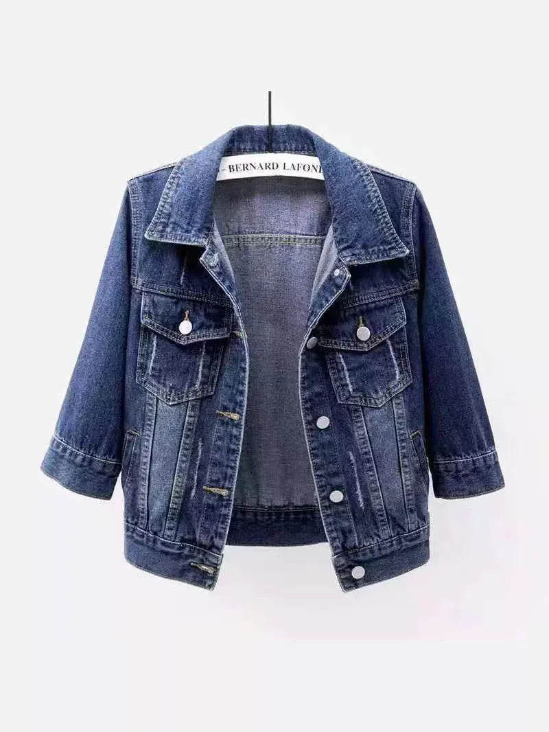 Distressed Mid-Sleeve Denim Jacket with Contrast Stitching