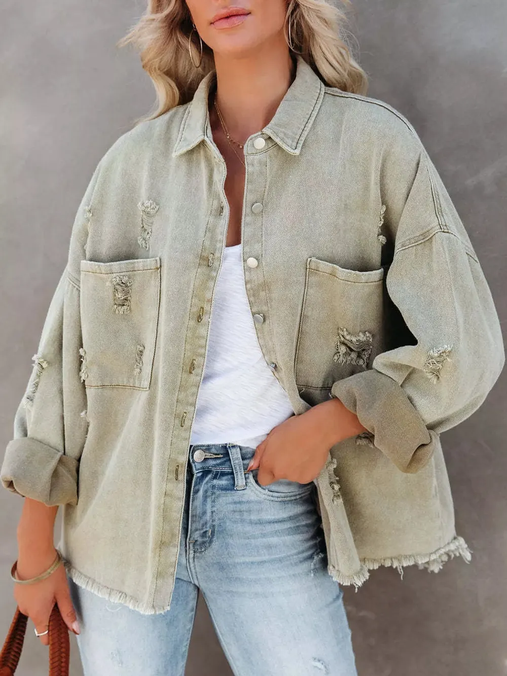 Raw Hem Distressed Denim Jacket