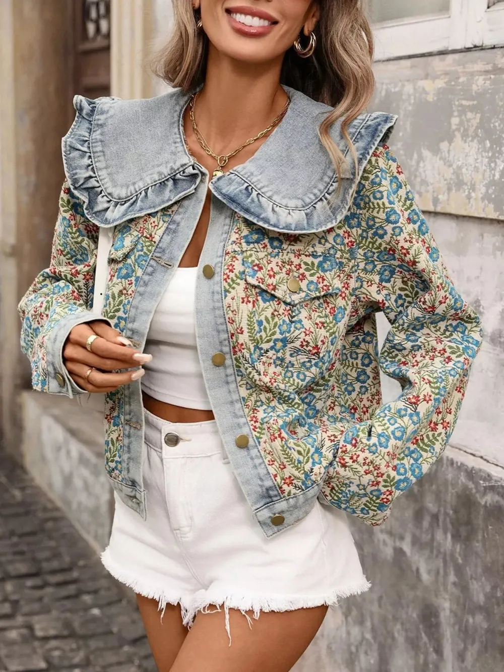 Feminine Ruffle Collar Denim Jacket