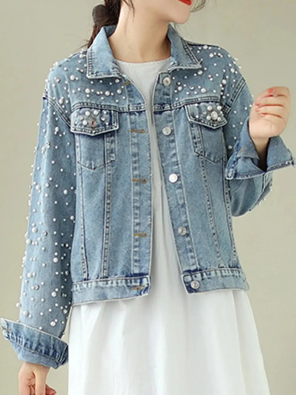 Pearl Button Detail Denim Jacket in Light Blue or White